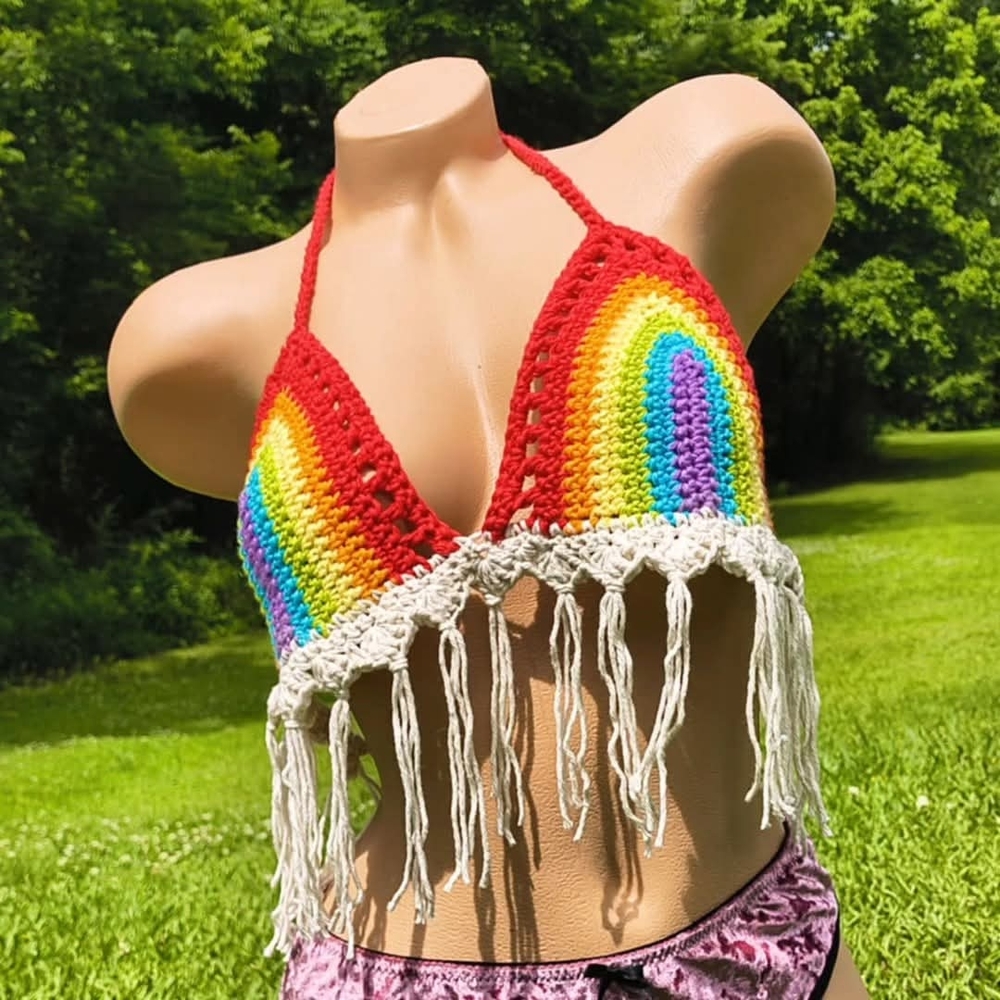 Rainbow Crochet Halter Top with Fringe